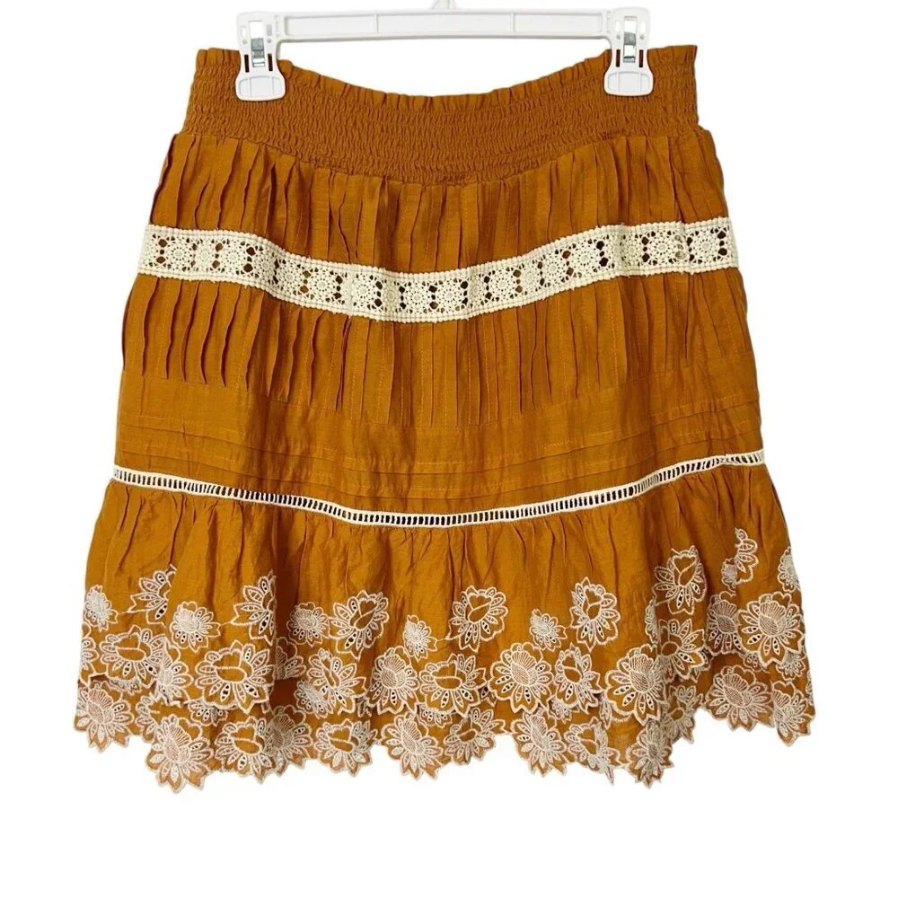 Anthropologie Smocked‎ Waist Skirt Womens Size Large Pumpkin Orange Embroidered